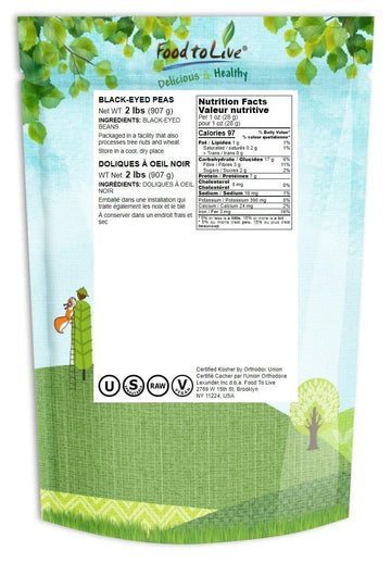 Black-Eyed Peas, 2 Pounds - Raw Dried Whole Cow Peas, Kosher, And Vegan, Sproutable, Bulk Black-Eyed Peas. High In Dietary Fiber