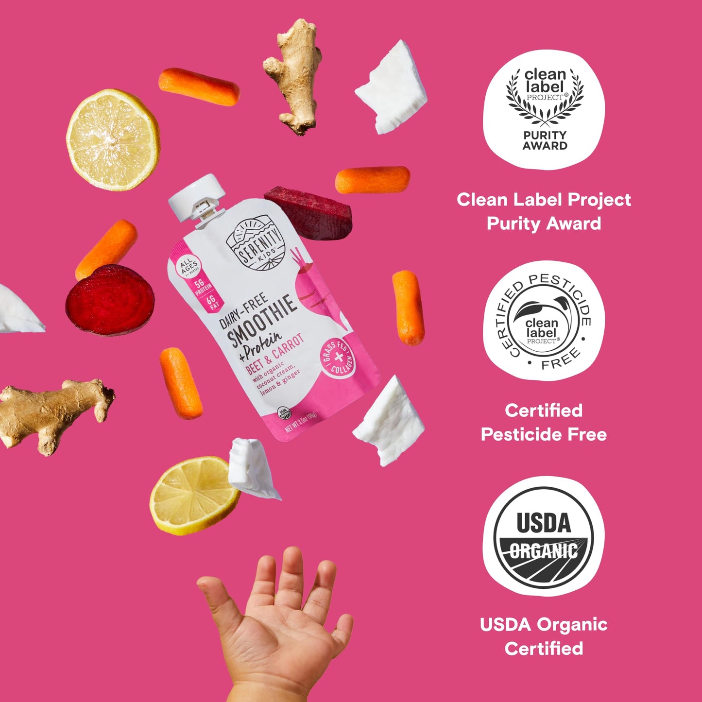 Serenity Kids 6+ Months Dairy-Free Smoothie Baby Food Pouch - Usda Organic - Grass Fed Collagen Protein - 3.5 Ounce Bpa-Free Pou