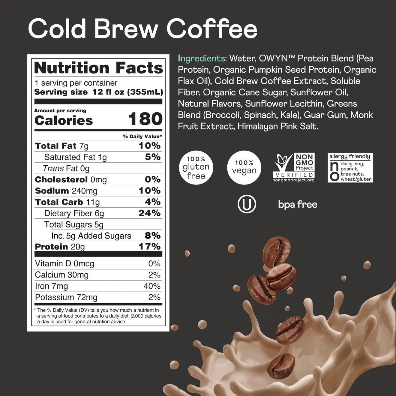 Owyn 100% Vegan Plant-Based Protein Shakes | Cold Brew Coffee, 12 Fl Oz | Dairy-Free, Gluten-Free, Soy-Free, Tree Nut-Free, Egg-Free, Allergy-Free, Vegetarian