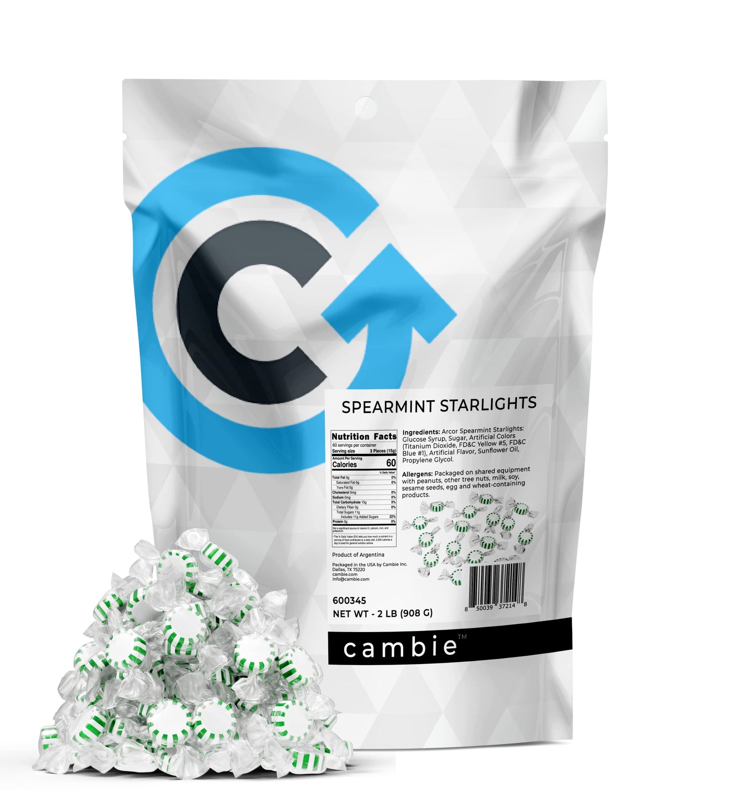 Arcor Spearmint Starlights Candy By Cambie | 2 Lbs Of Spearmint Starlight Mints | Individually Pinwheel Mint Hard Candy | Delici