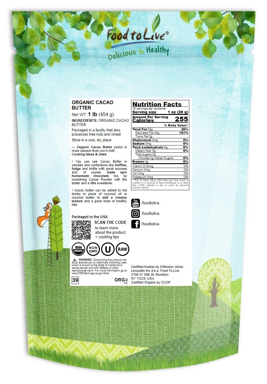 Food To Live Organic Cacao Butter Wafers, 1 Pound - Non-Gmo, Raw, Pure, Unfiltered, Unrefined, Keto, Vegan Superfood, Bulk, Made Using A Cold Pressing, Great For Cooking And Baking, Sirtfood