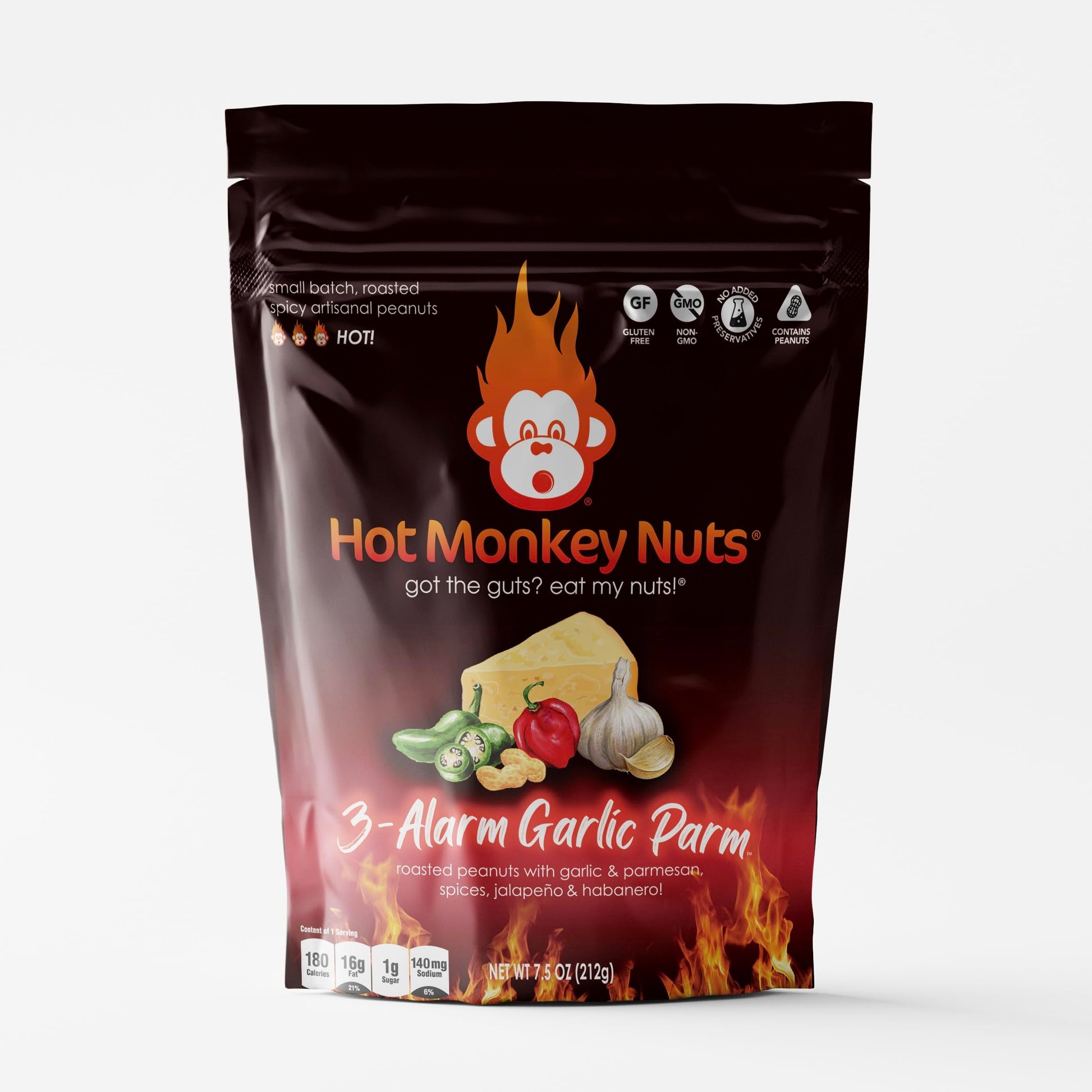 Hot Monkey Nuts Spicy Peanuts | 3-Alarm Garlic Parm - Flavored with Garlic, Parmesan, and Habanero, 7.5oz Resealable Pouch, Non-