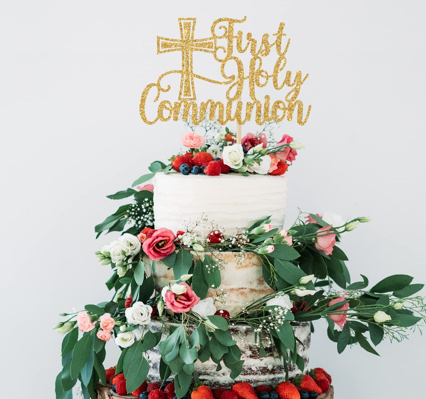 Bytorjar First Holy Communion Cake Topper, Gold Glitter, Model AA--0845, for Baptism, Christening, Baby Shower, Birthday Decorations