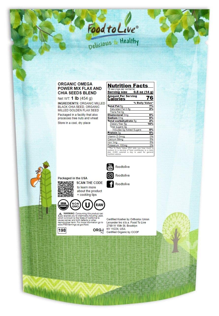 Food To Live Organic Omega Power Flax And Chia Seeds Blend, 1 Pound Cold-Milled From Whole Seeds, Non-Gmo, Vegan, Kosher, Bulk.