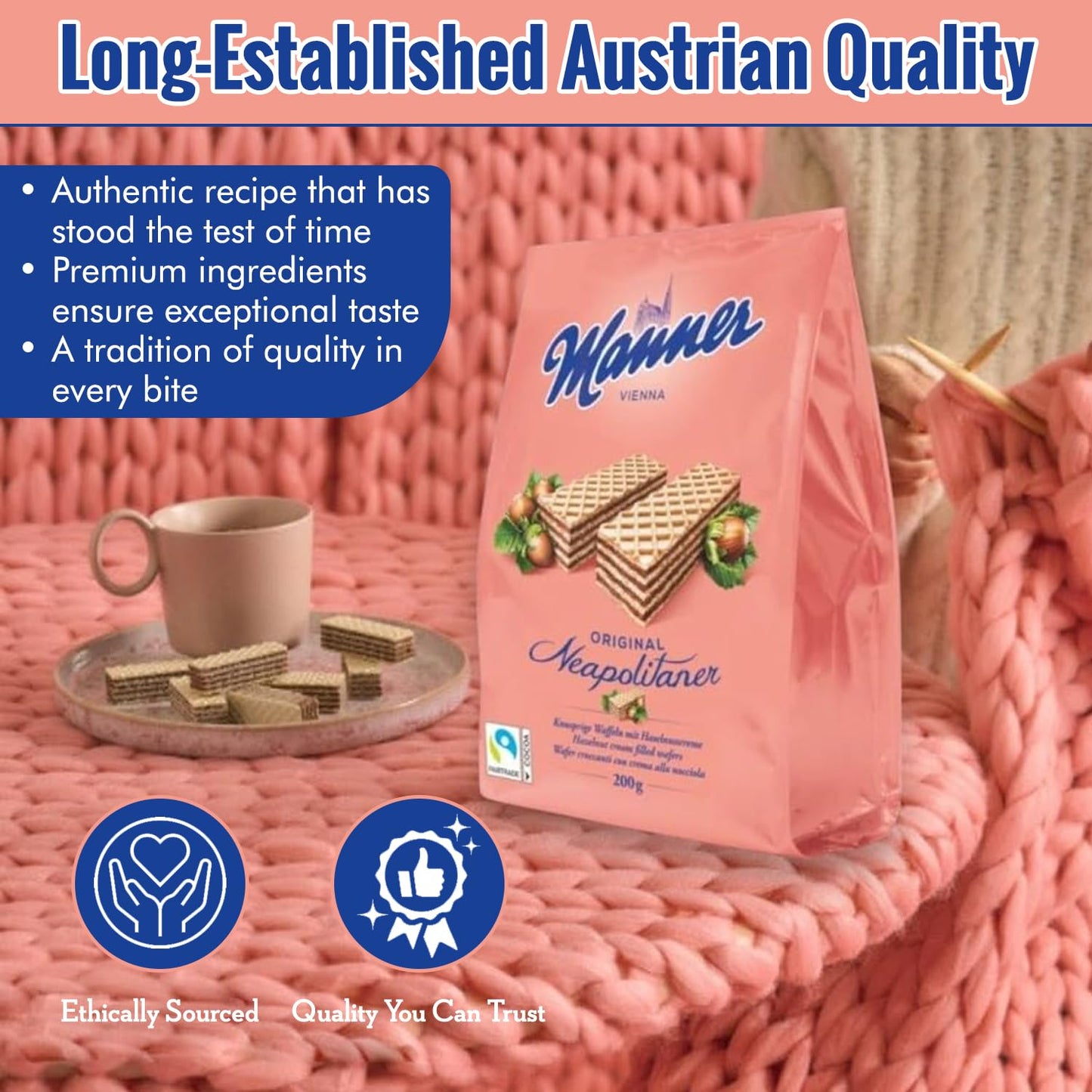 Manner Original Neapolitan Wafers - Delicious Hazelnut Wafers With Creamy Hazelnut Filling For Ideal Snack - Enjoy Healthy Snack