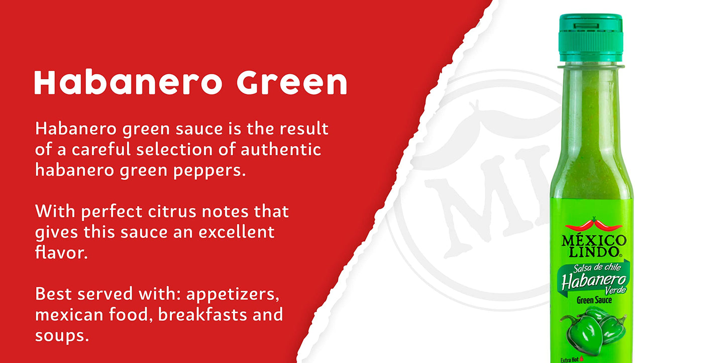 Mexico Lindo Green Habanero Hot Sauce | Real Green Habanero Chili Pepper | Enjoy with Mexican Food, Seafood & Pasta | 5 Fl Oz Bo