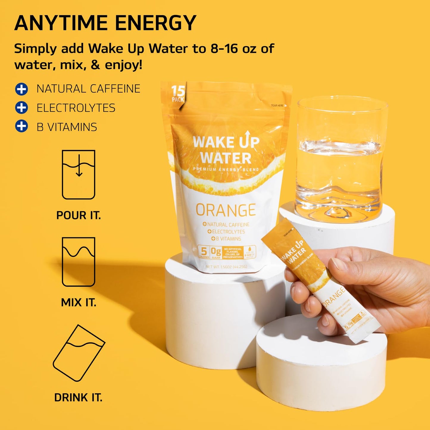 Wake Up Water Energy + Hydration Mix - Natural Caffeine, Electrolytes, B Vitamins - 15 Count Pack - Orange Flavor