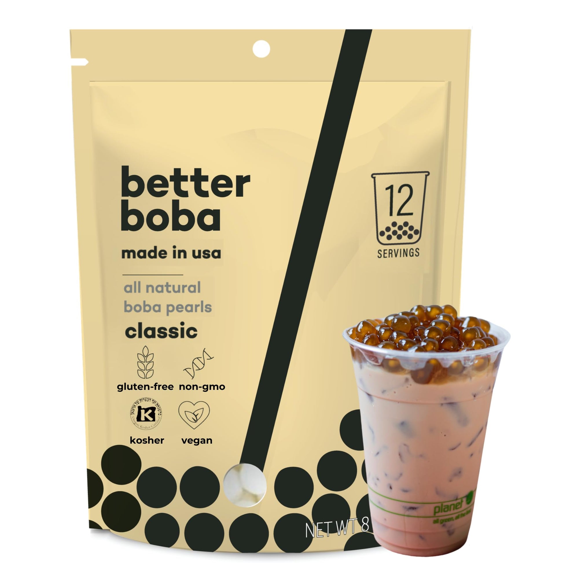 Better Boba Classic Kosher Boba Pearls | Non-GMO, Vegan, Gluten-Free | 8 Oz - 12 Servings | Made in USA