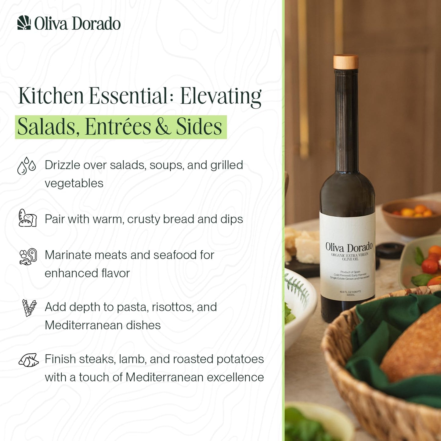 Oliva Dorado Organic Extra Virgin Olive Oil  Cold Pressed from Single Estate Spanish Olives  Polyphenol-Rich enhanced Drizzle  Early Harvest  Full-Bodied Flavor  500mL Glass Bottle