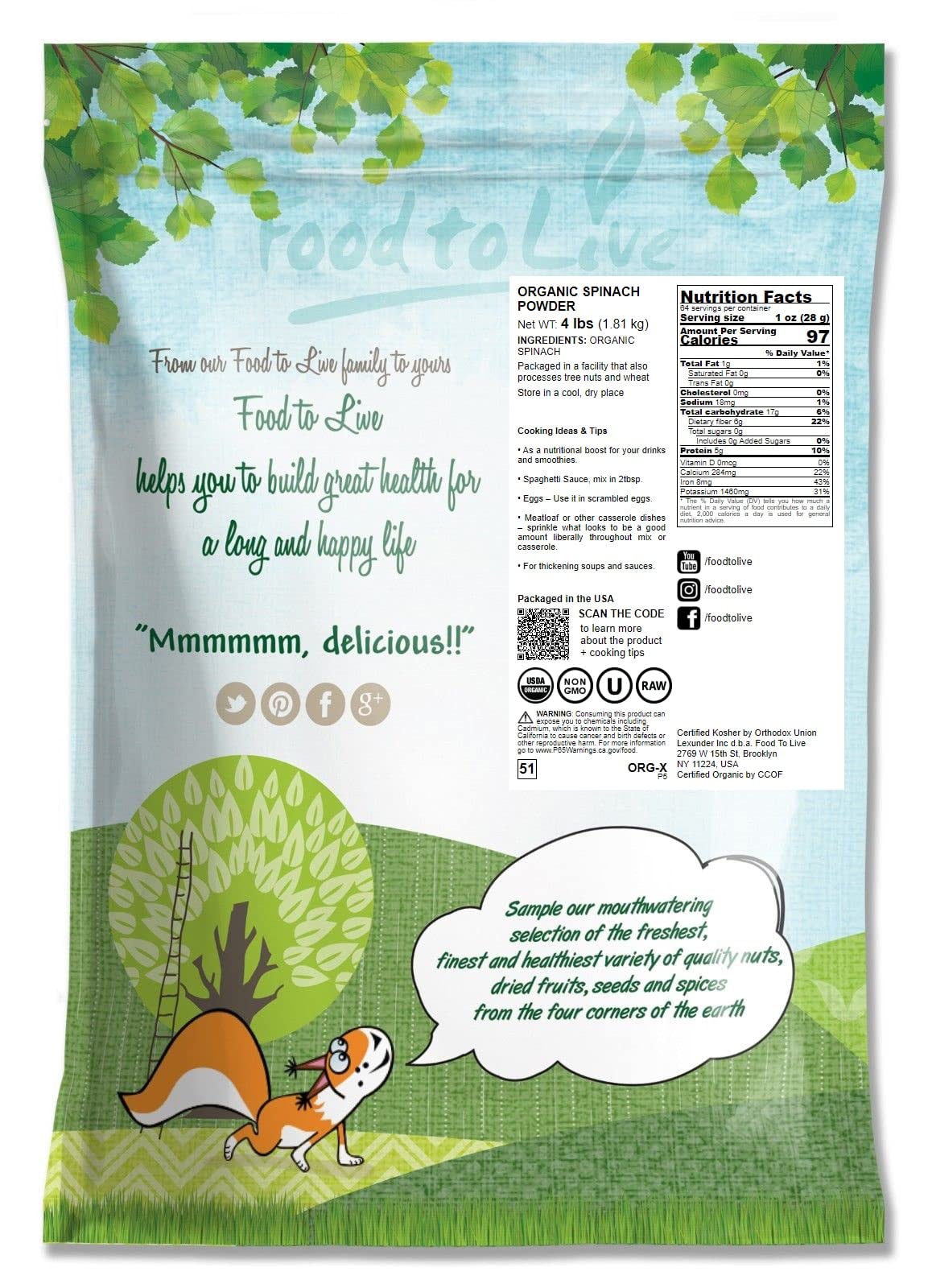 Food To Live Organic Spinach Powder, 4 Pounds - Non-Gmo, Finely Ground Dehydrated Leaves, Pure, Vegan, Kosher, Bulk. Source Of F