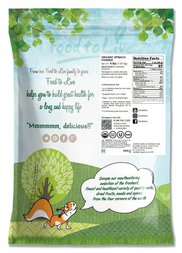 Food To Live Organic Spinach Powder, 4 Pounds - Non-Gmo, Finely Ground Dehydrated Leaves, Pure, Vegan, Kosher, Bulk. Source Of F