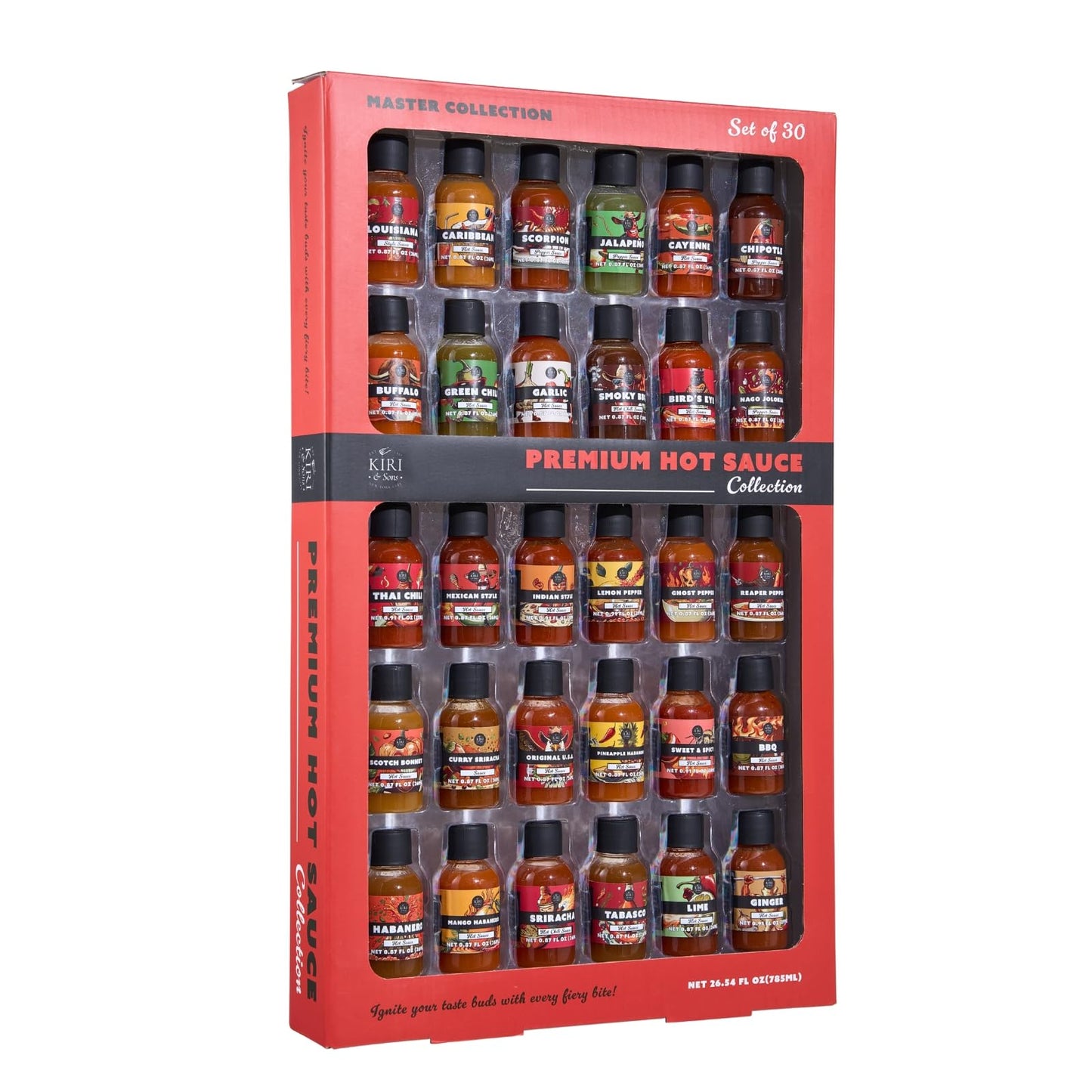 Kiri & Sons Hot Sauce Gift Set – Master Collection Sampler Box, 30 Assorted Gourmet Flavors for Cooking & Dipping, 44.73 cm
