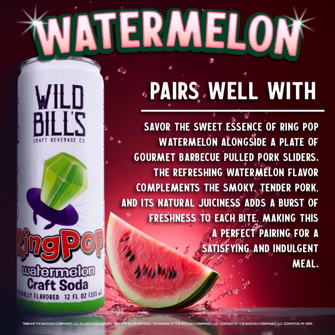 Wild Bills Watermelon Ring Pop Craft Soda - Pure Cane Sugar, Caffeine Free, Vegan, Gluten Free - 12 Oz Cans, 12 Pack