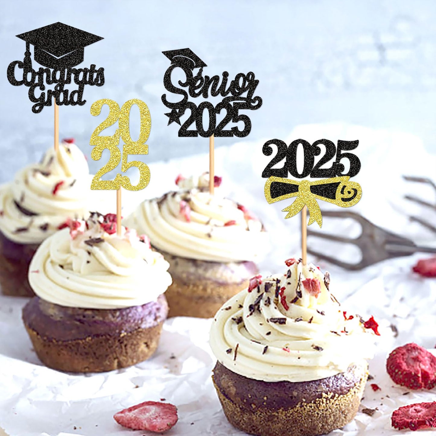 Keaziu Graduation Cupcake Toppers - 24 Pack, Senior Gold, Graduation Hat Picks for 2025 Graduation Theme Party Decorations