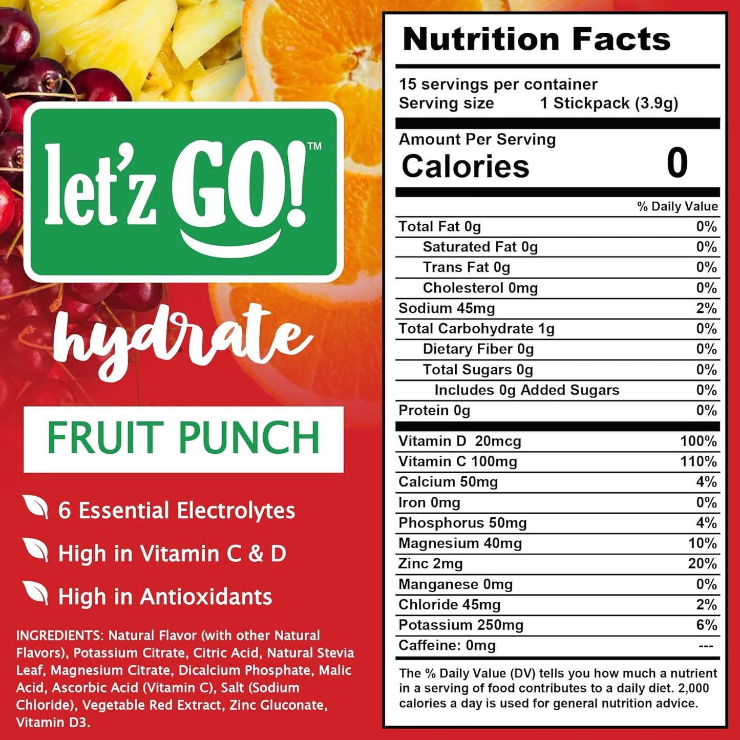 Letz Go! Hydration Drink Mix, Electrolytes & Antioxidants, Fruit Punch Flavor, 15 Pack, No Sugar, No Calories