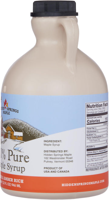 Hidden Springs Maple Amber Rich Quart 100% Pure Maple Syrup Usa/Can, Bpa-Free Jug