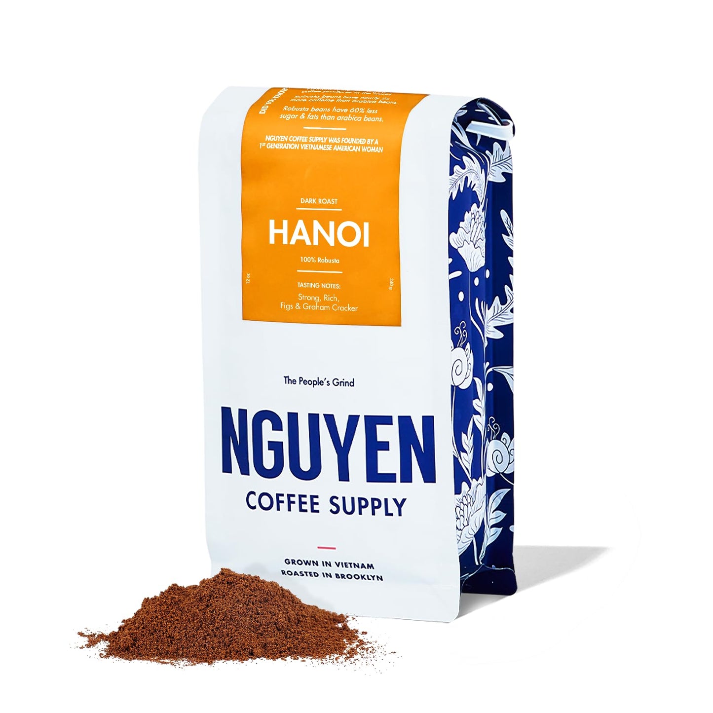 Nguyen Coffee Supply Hanoi Robusta Dark Roast Ground Coffee, Low Acid, High Caffeine, 12 oz Bag