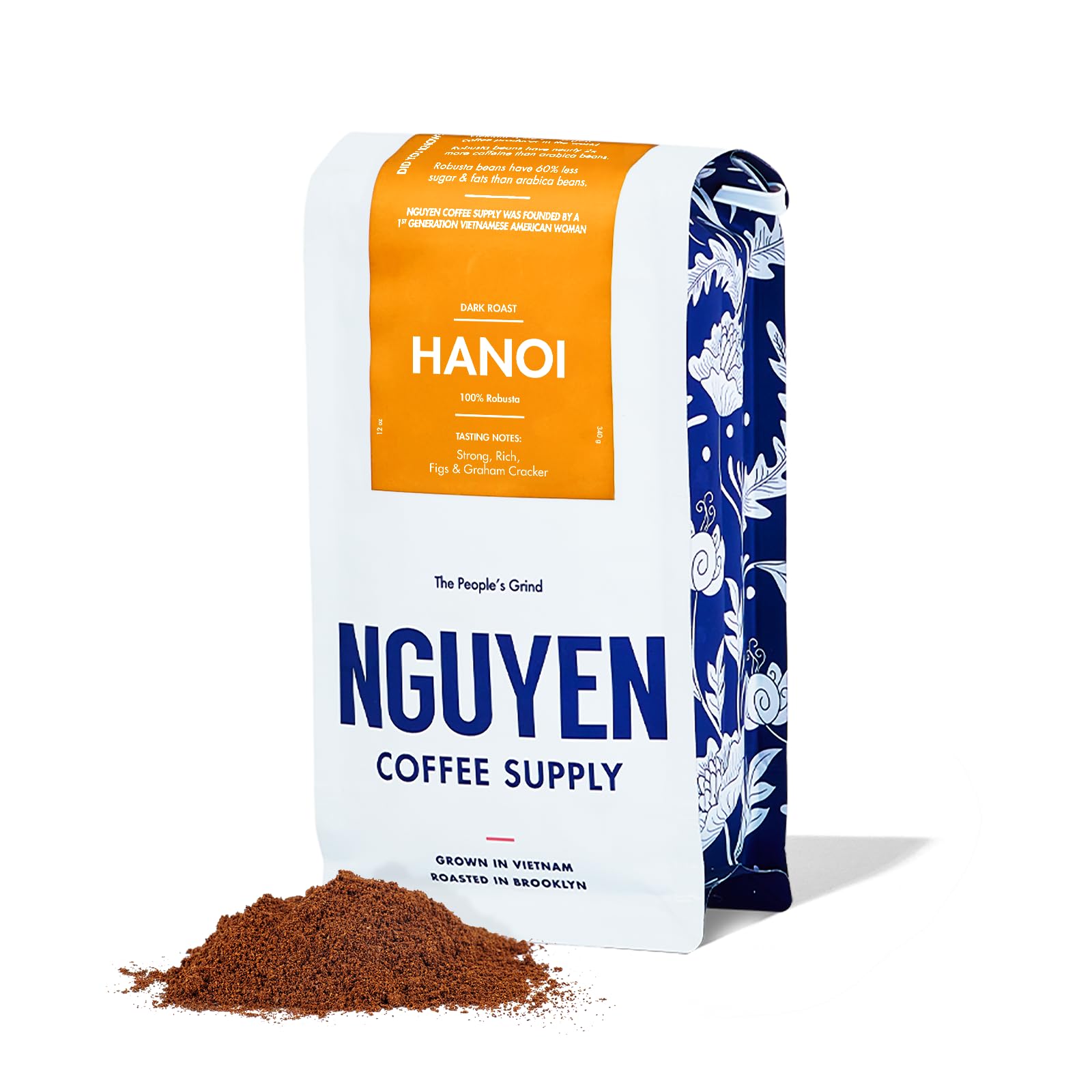 Nguyen Coffee Supply Hanoi Robusta Dark Roast Ground Coffee, Low Acid, High Caffeine, 12 oz Bag