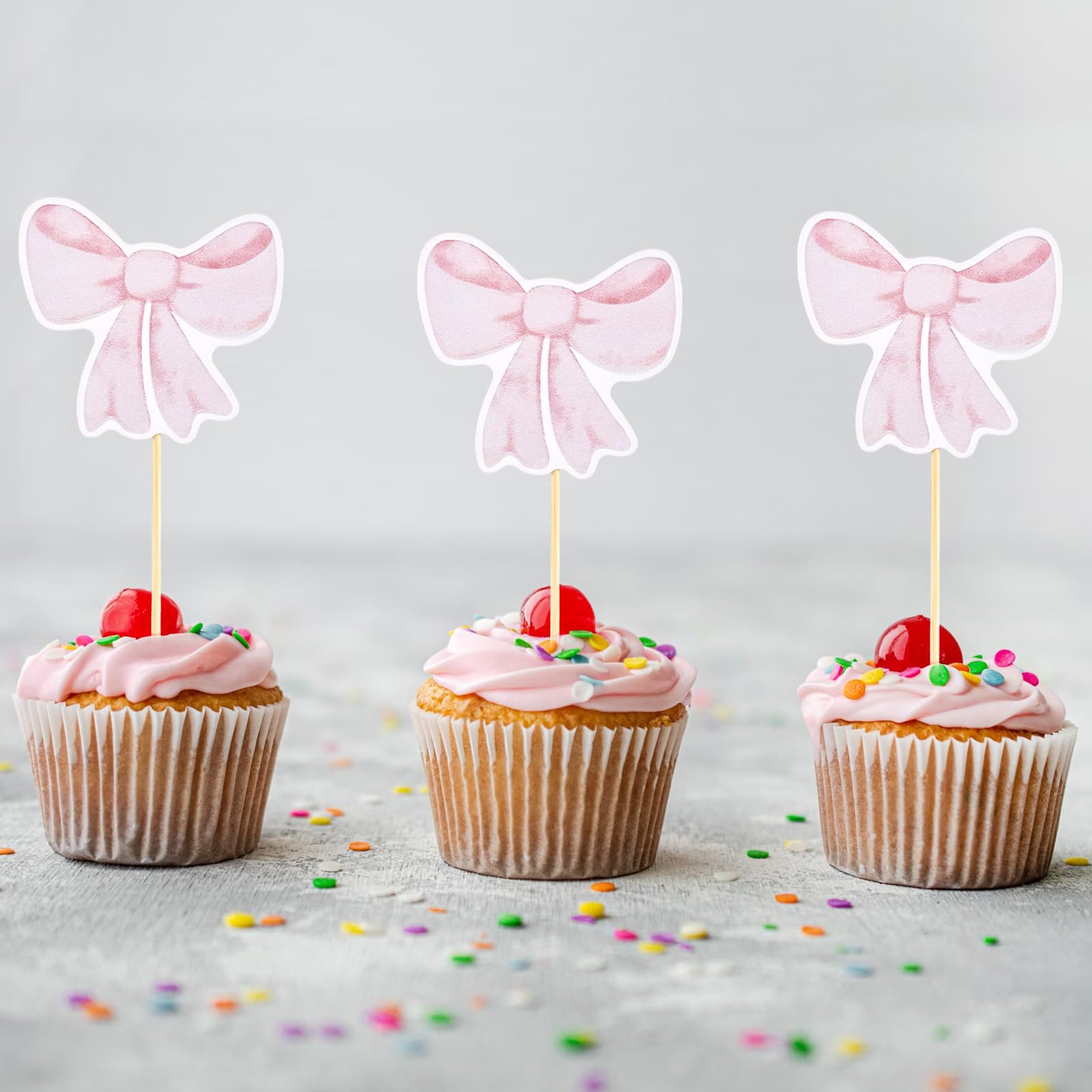 PEUTIER 24pcs Bow Cupcake Toppers, Pink Paper Decorations for Birthday, Wedding, Bachelorette Party, Model 13105
