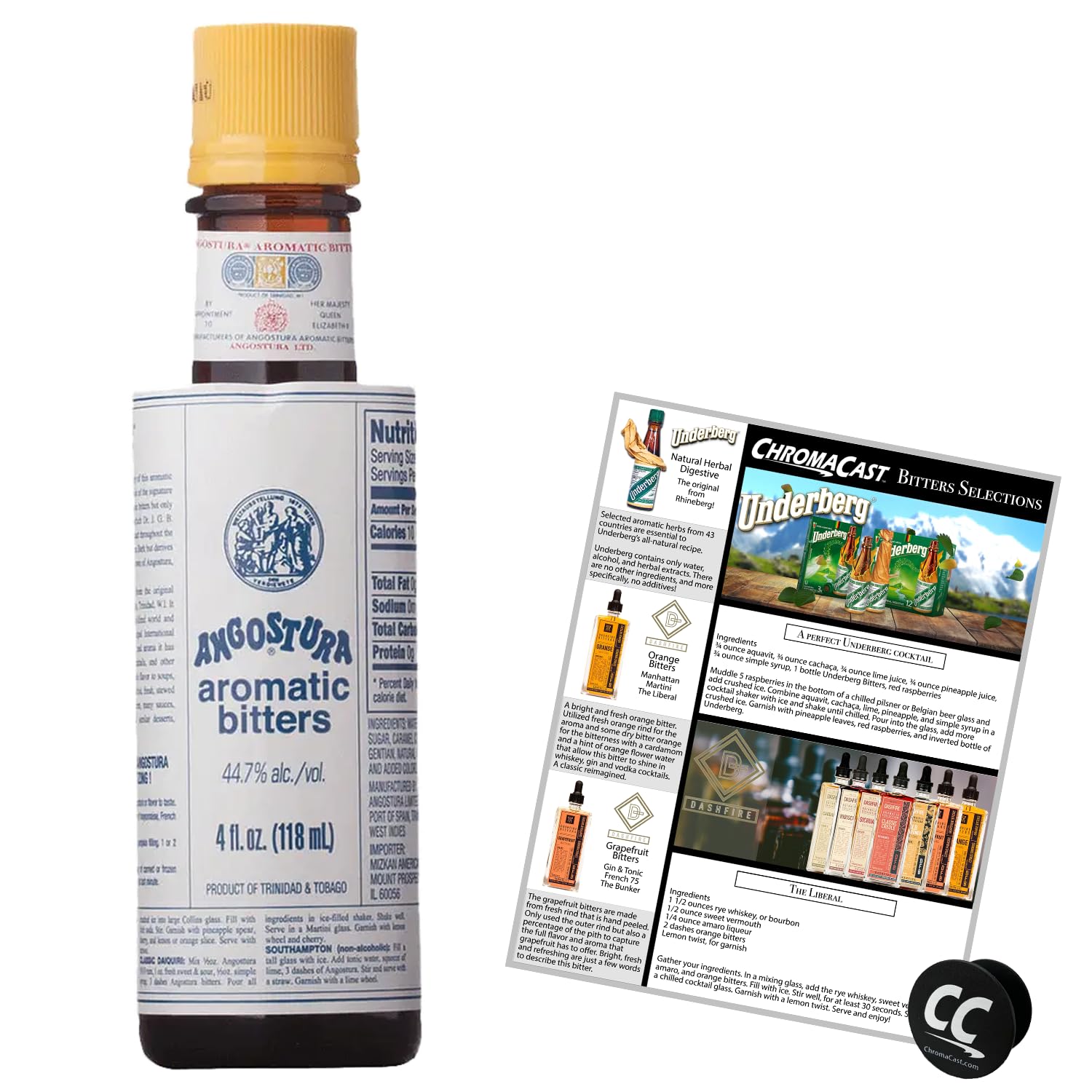 Sawtooth Angostura Aromatic Bitters 4oz Bottle with Recipe Selections and Phone Grip