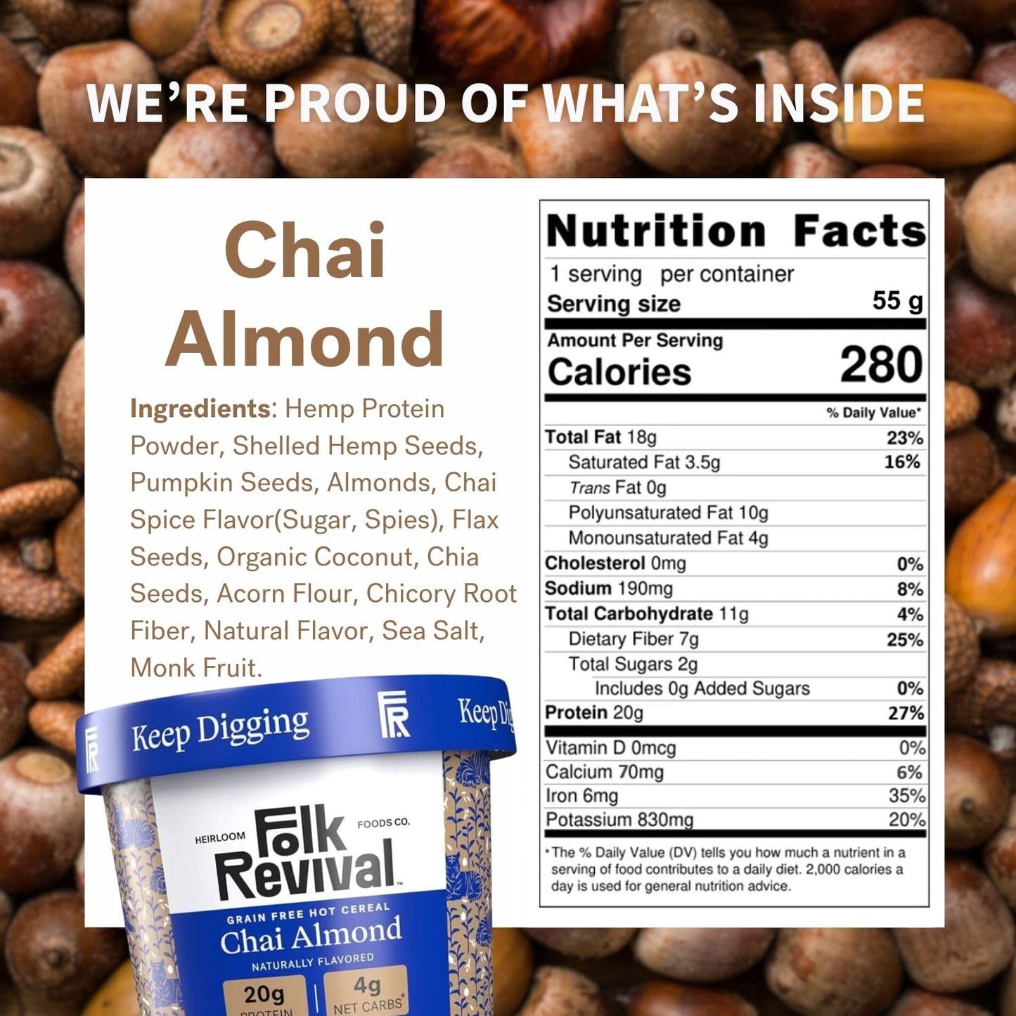 Folk Revival Chai Almond Keto Instant Oatmeal - 20g Protein, 4g Net Carbs, Gluten Free - 6 Cups Per Case, Brown