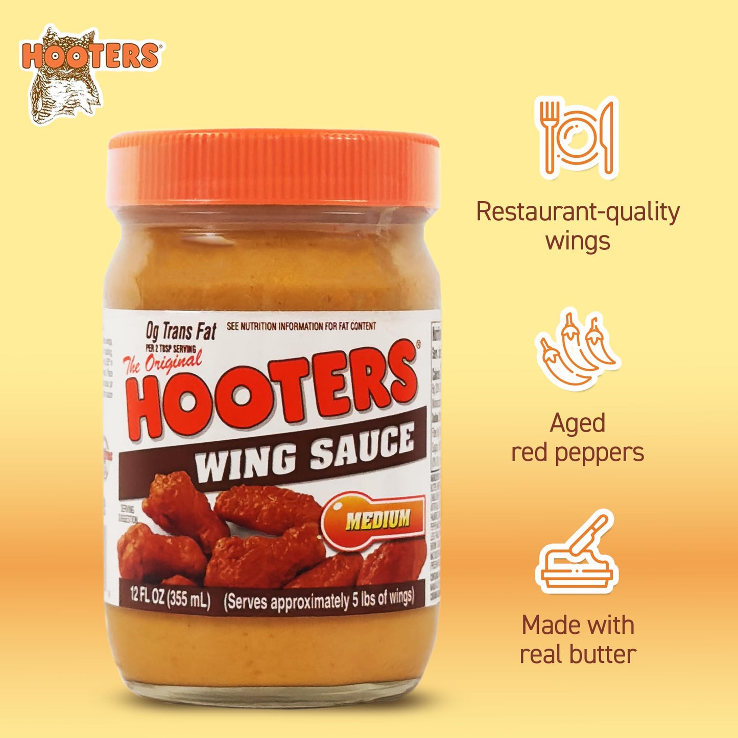 The Original Hooters Medium Wing Sauce - Restaurant-Quality Flavor - Ideal for Chicken Wings, Ribs, and Seafood (6 Pack)