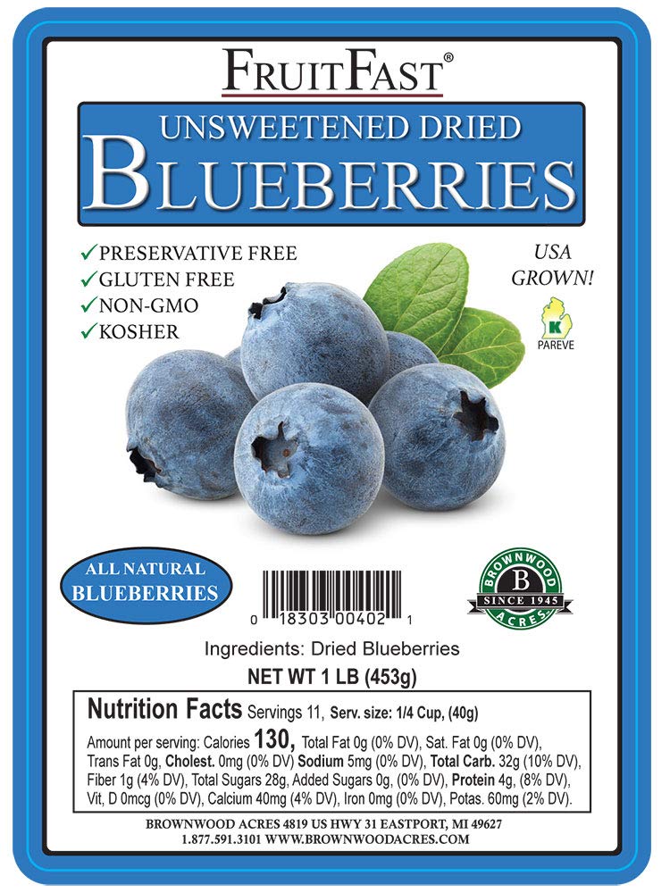FruitFast Unsweetened Dried Blueberries - Non-GMO, Gluten Free, Kosher - 1 Pound