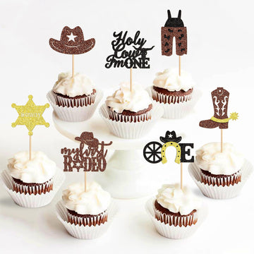 32 Pack Cowboy My 1St Rodeo Cupcake Toppers Holy Cow I'M One Horseshoe Cowboy Hats Western Theme Happy Birthday Baby Shower Part