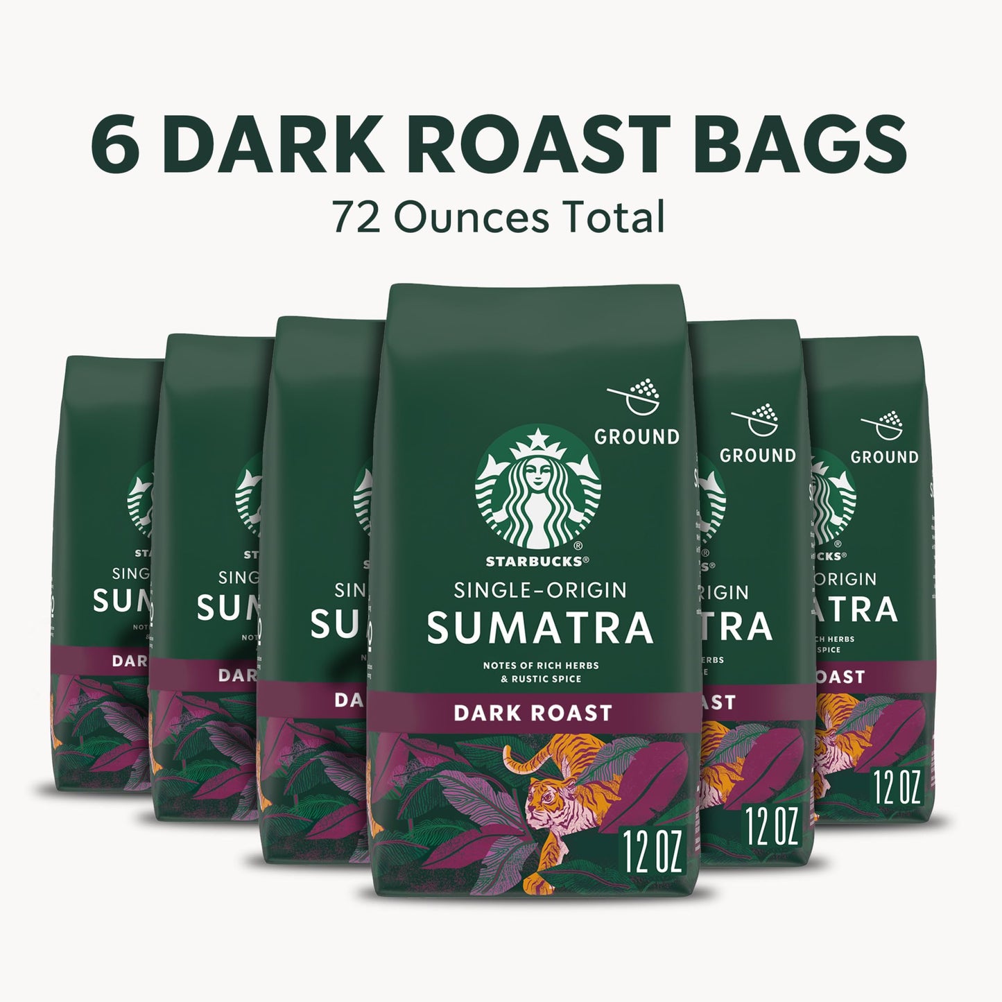 Starbucks Ground Coffee, Dark Roast Coffee, Sumatra, 100% Arabica, 6 Bags (12 Oz Each)