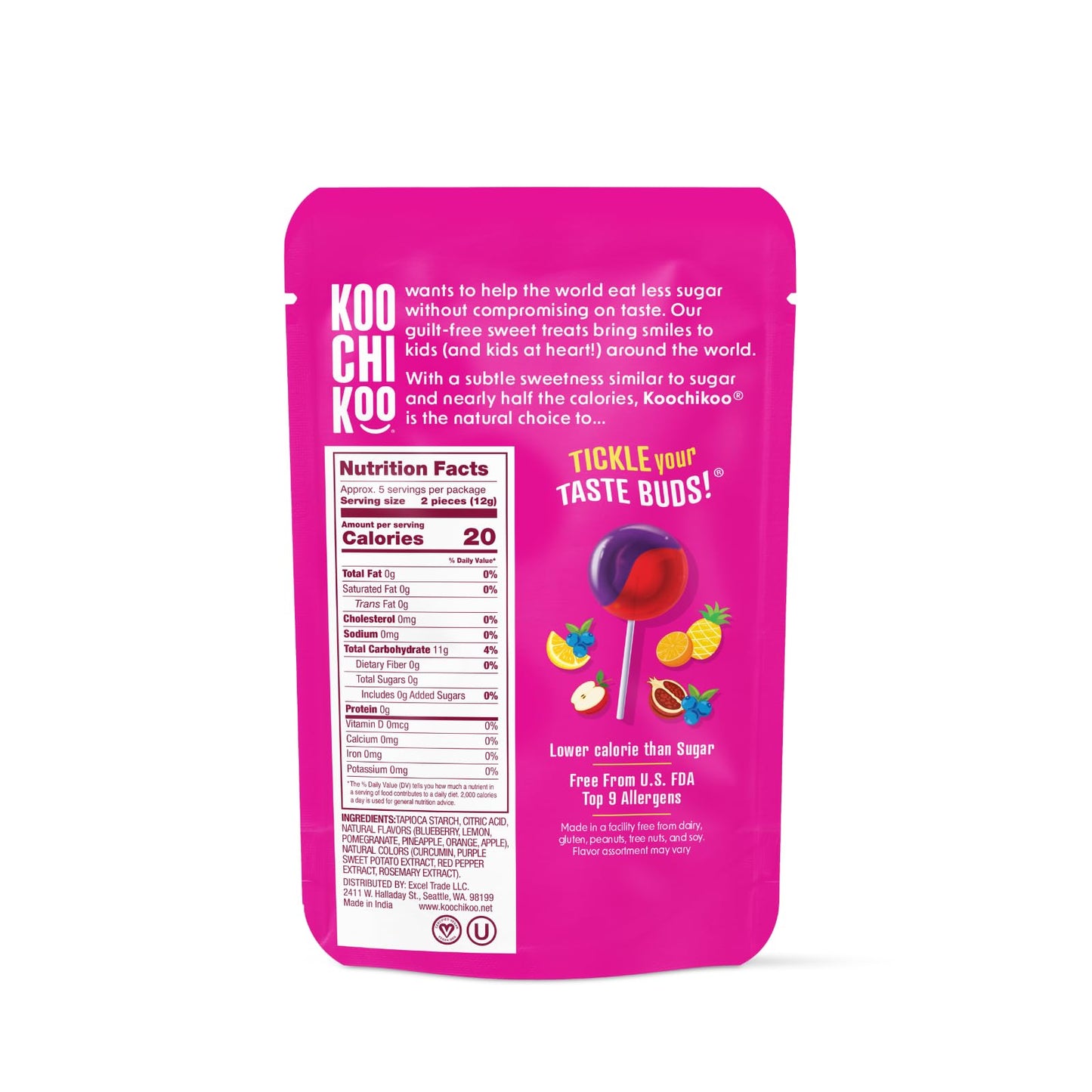 Koochikoo Organic & Sugar Free Lollipops Pouch, Assorted Fruit Flavors, No Sugar Added, Gluten Free & Vegan, 10 CT Lollipops/Pou