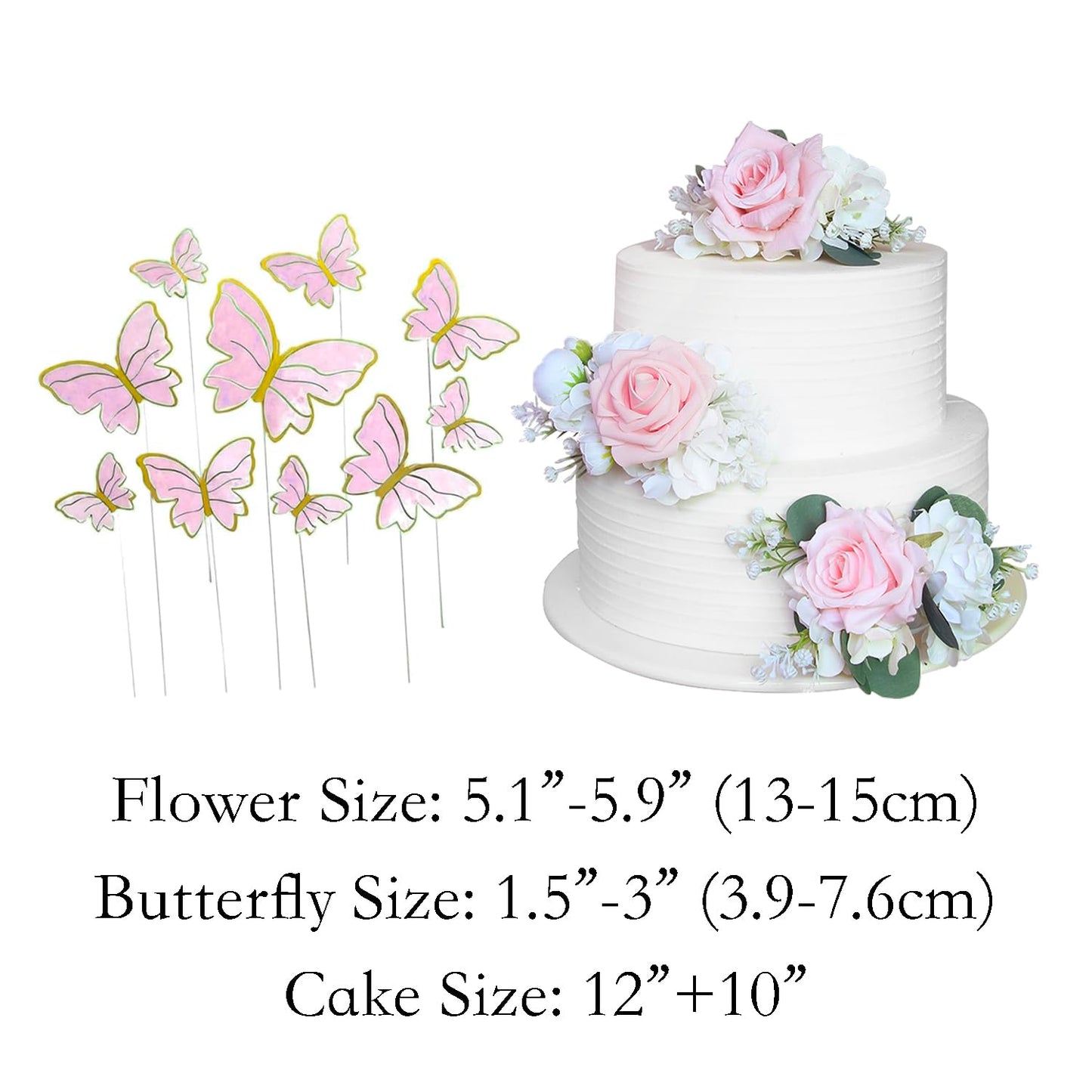 Rinlong 3Pcs Pre-Made Blush Pink Cake Flowers Decorations Flower Cake Topper Butterfly Cake Decorating Flowers For Wedding Sweet