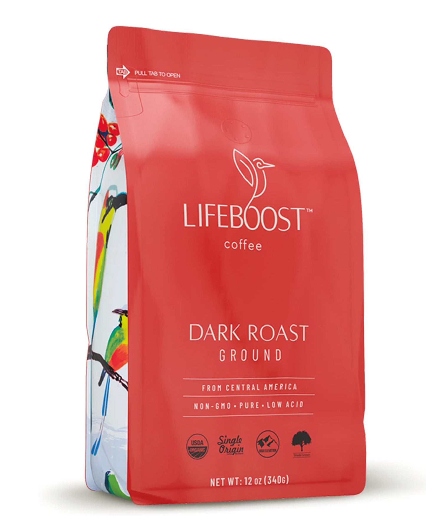 LIFEBOOST Dark Roast Ground Coffee - Low Acid, USDA Organic, Non-GMO - 12 Ounces