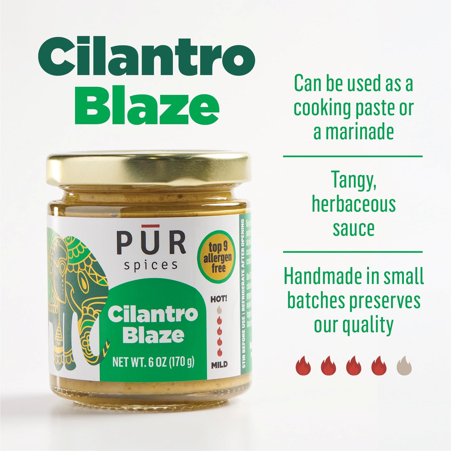 PUR Spices Cilantro Blaze I Hot Sauce & Tangy Cilantro Chutney I Fresh Cilantro, Garlic, Lime and Hot Peppers I Plant Based, Glu