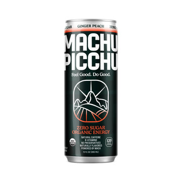 Machu Picchu Energy Drink Zero Sugar, Organic Ginger Peach, 12 Fl Oz