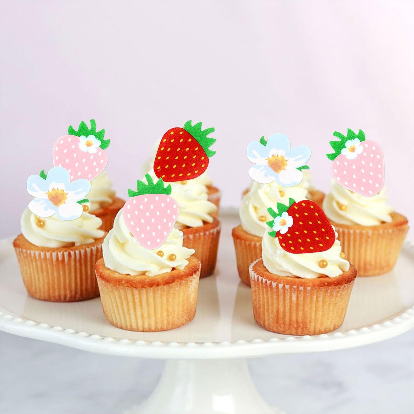 40 Pack Edible Strawberry Cupcake Toppers Starwberry Flower Bridal Engagement Baby Shower Birthday Party Drink Toppers Anniversa
