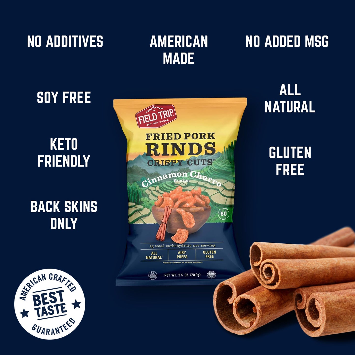 Field Trip Gluten Free Pork Rinds, Paleo & Keto Friendly Airy Puffs, Crunchy High Protein Snacks, Low Carb Snack From Back Pork Skins, 2.5Oz Bag, 4 Pack, Cinnamon Churro, Holiday & Christmas Gift Item