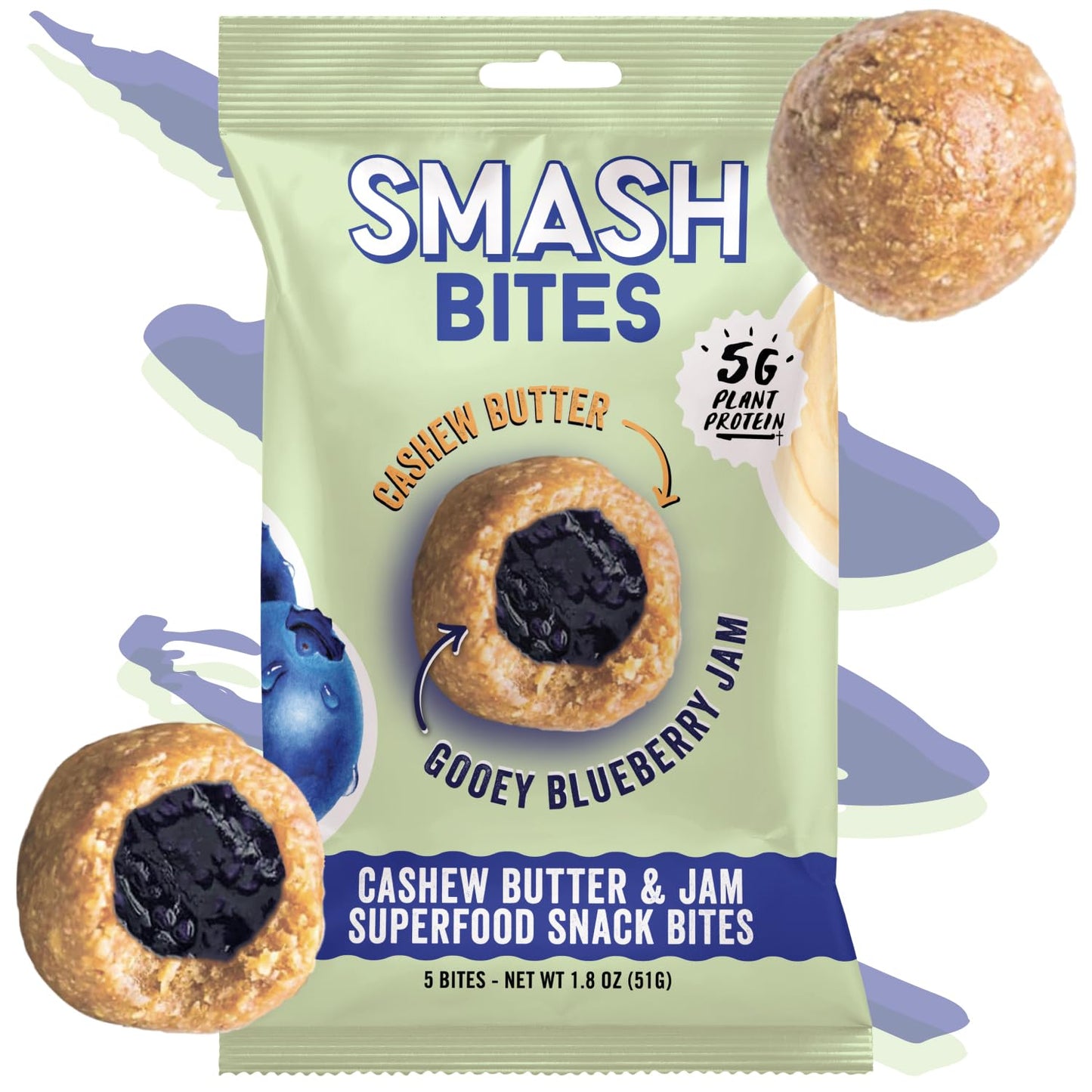 Chia Smash Gluten-Free Vegan Snack Balls, Energy & Protein Packed, Variety Pack, 8 Count (5x Balls Each), 14.4oz