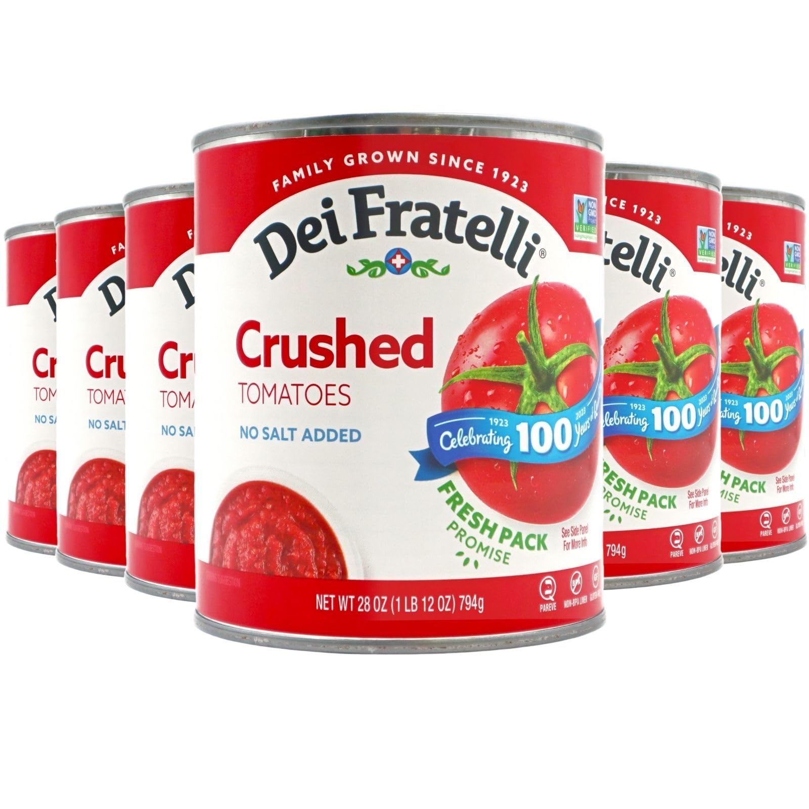 Dei Fratelli Crushed Tomatoes (28 oz. cans; 6 pack) - No Water Added - Never from Tomato Paste - 5th Generation Recipe