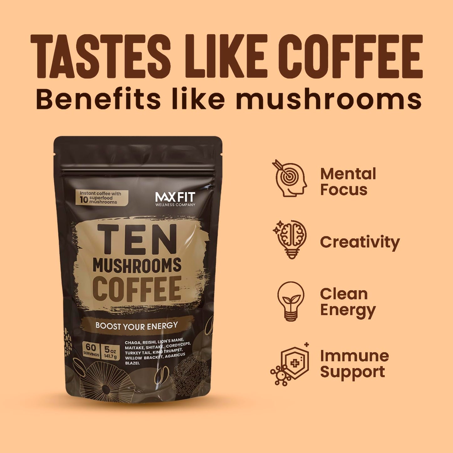 Mushroom Coffee Organic (60 Servings) 10 Mushrooms (Lions Mane, Cordyceps, Turkey Tail & Other) Mixed With Gourmet Arabica Insta