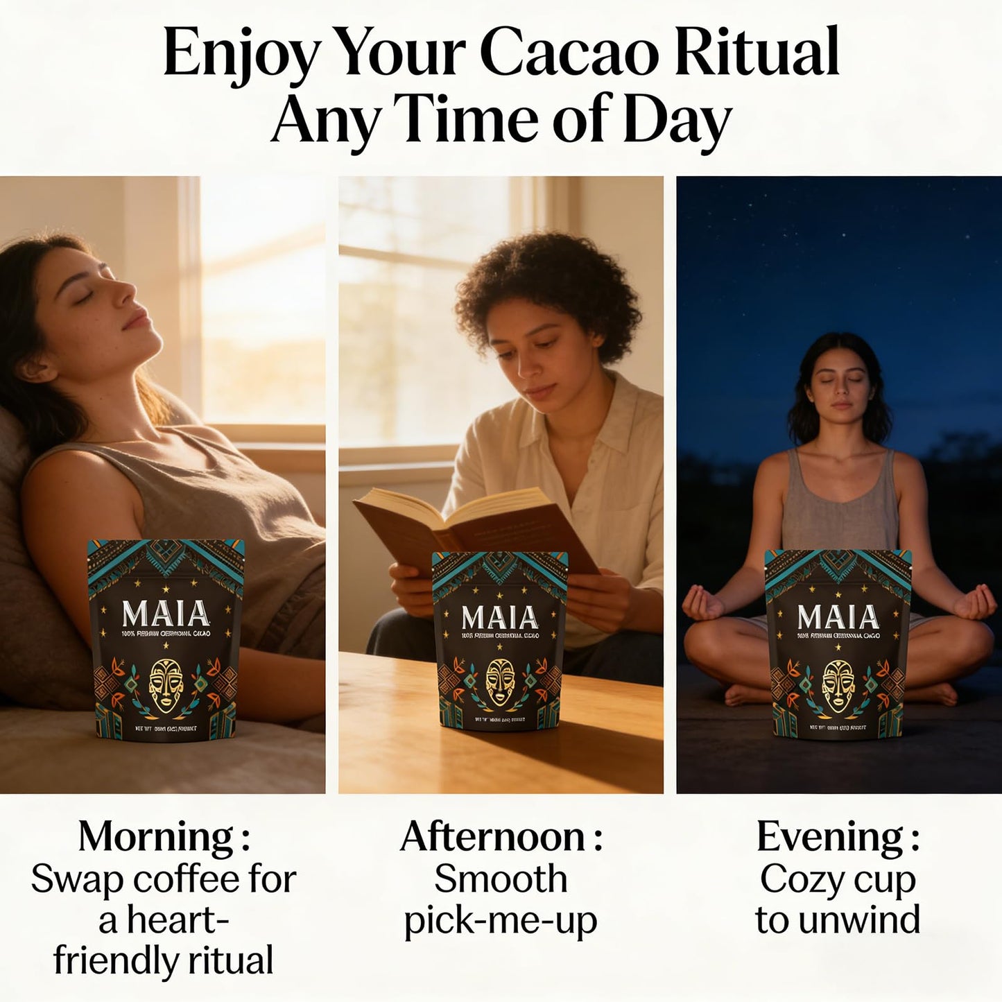 Maia Ceremonial Cacao - 100% Pure Natural  Enhanced with Flavanol  Theobromine  Magnesium & Natural Flavonoids Blend  For Mental Clarity  Focus  Energy Boost & Mood Elevation  Zero Sugar  Non-GMO  Vegan