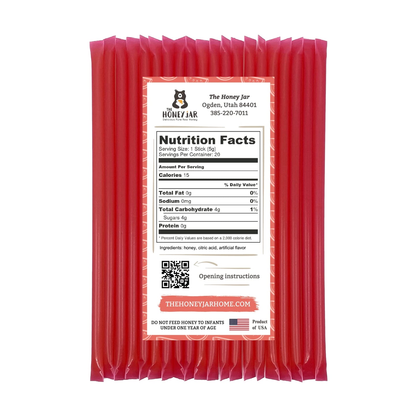 The Honey Jar Watermelon Flavored Raw Honey Sticks - 20 Count Honey Straws for Tea and Coffee - Made in the USA