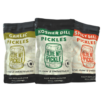 Olive My Pickle Probiotic Variety Pack - Fermented Pickles, Kosher Dill, Garlic, Spicy Dill - 3-Pack, 96 Ounces Total