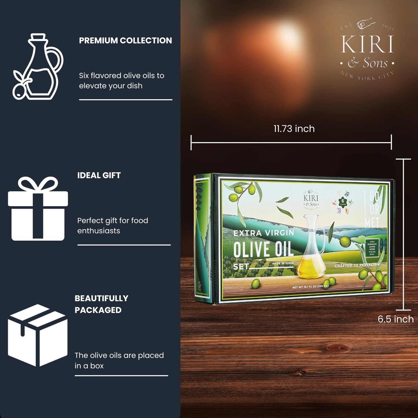 Kiri & Sons Olive Oil Gourmet Sampler Gift Set Of 6 - Premium Extra-Virgin Blend Olive Oil Made In Spain, Natural Flavors Includ