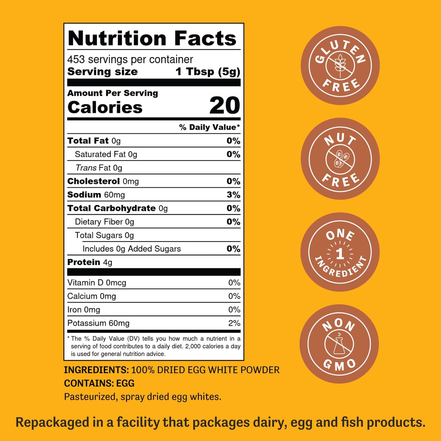 Judees Gluten Free Dried Egg White Protein Powder 5 lb - Pasteurized, USDA Certified, Non-GMO, Gluten-Free, Nut-Free - Just One