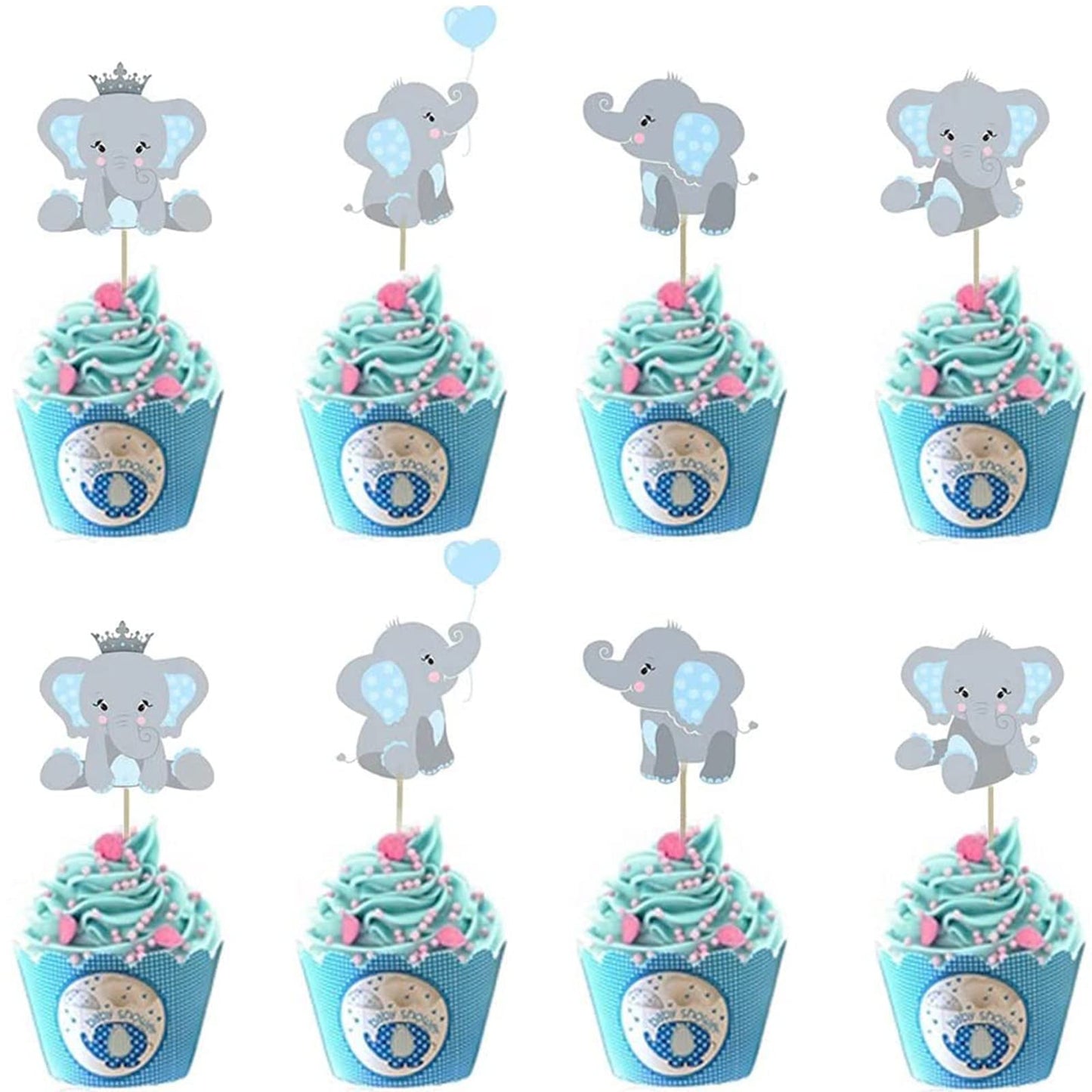 Finduat 48 Pieces Blue Elephant Cupcake Toppers For Boy Baby Shower Decorations Supplies, Baby Boy Birthday Party Supplies(Doubl