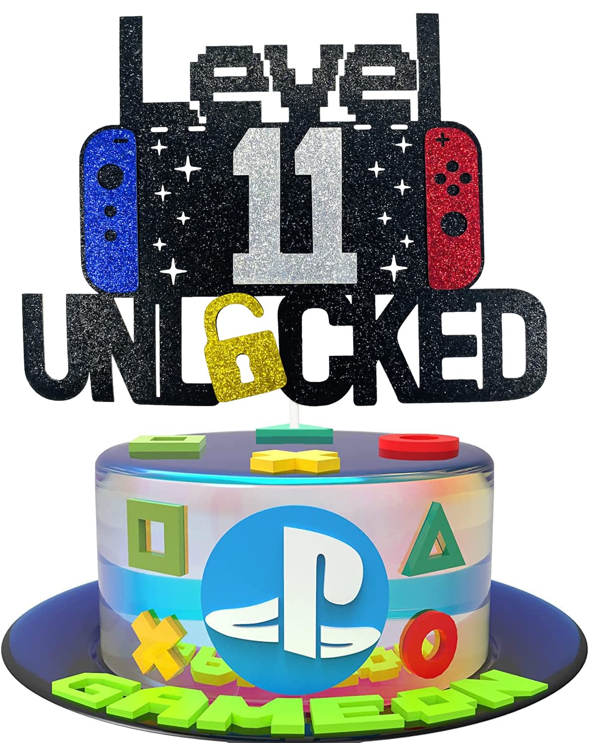 ximoogoooz Video Game Cake Topper for 11th Birthday, Neon/Iridescent, Paper, Kids Party Decoration