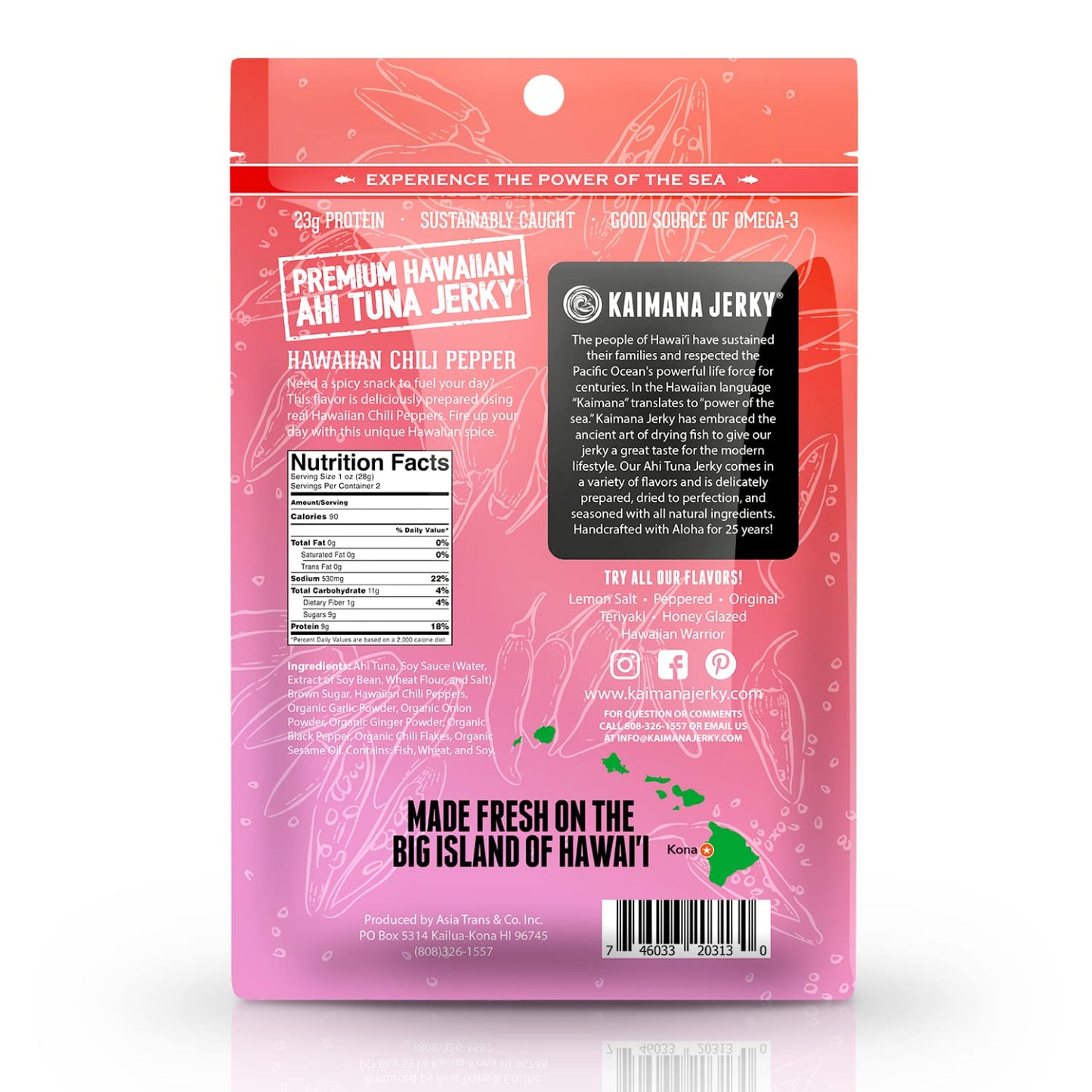 Kaimana Jerky Ahi Tuna Jerky, Hawaiian Chili Pepper, 2 Ounce, Soft and Tasty, All Natural, Wild Caught
