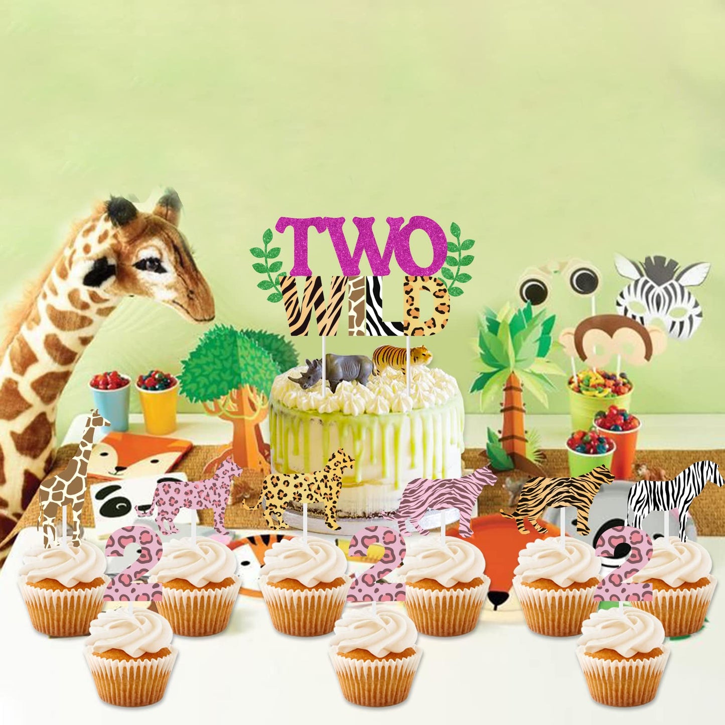 Two Wild Birthday Decorations For Girl - Two Wild Cake Topper, Animal Print Cupcake Toppers, 31 Pcs Jungle Safari Animal Cake De