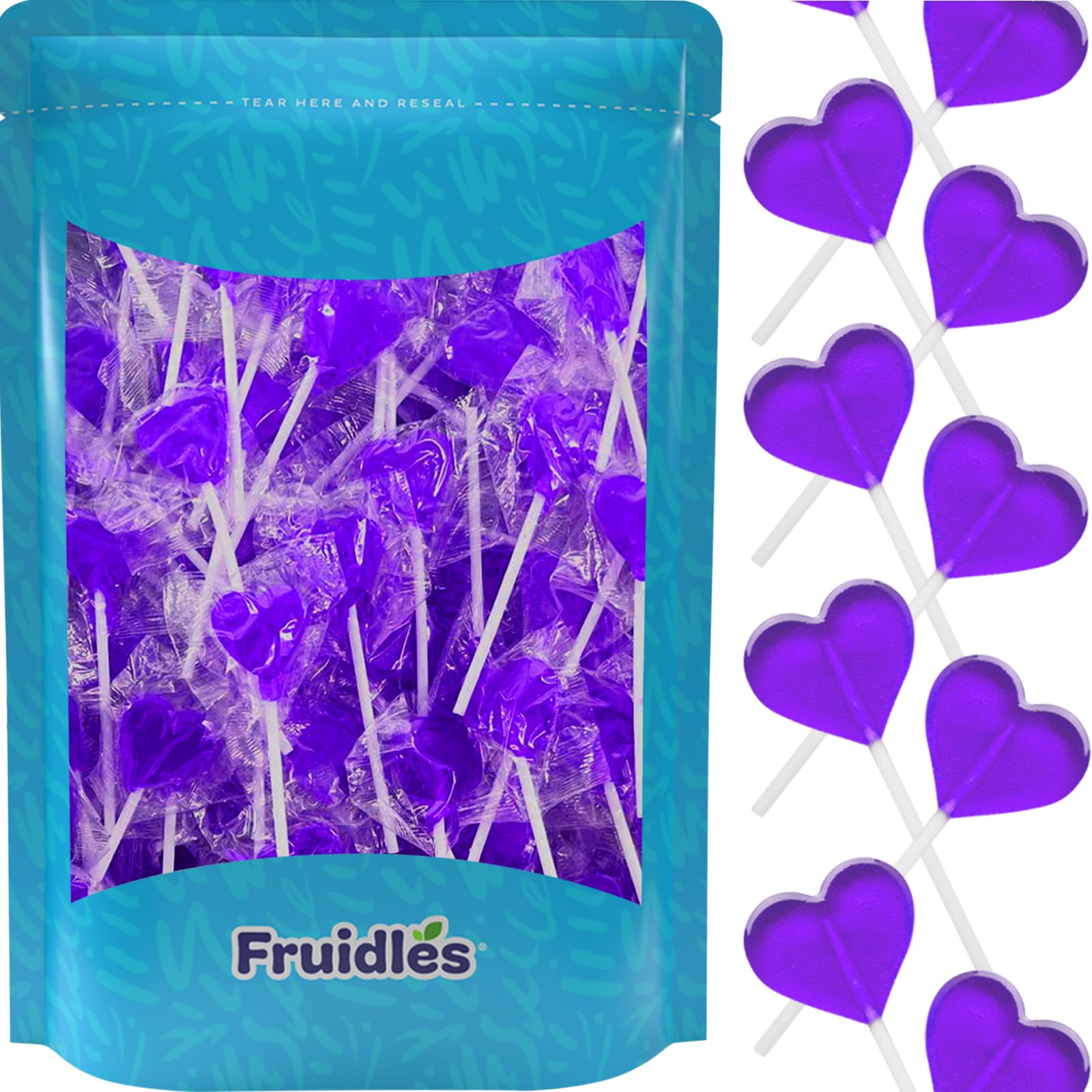 Fruidles Mini Heart Shaped Lollipops, Grape Flavor, Individually Wrapped, 30 Lollipops, 5g Each