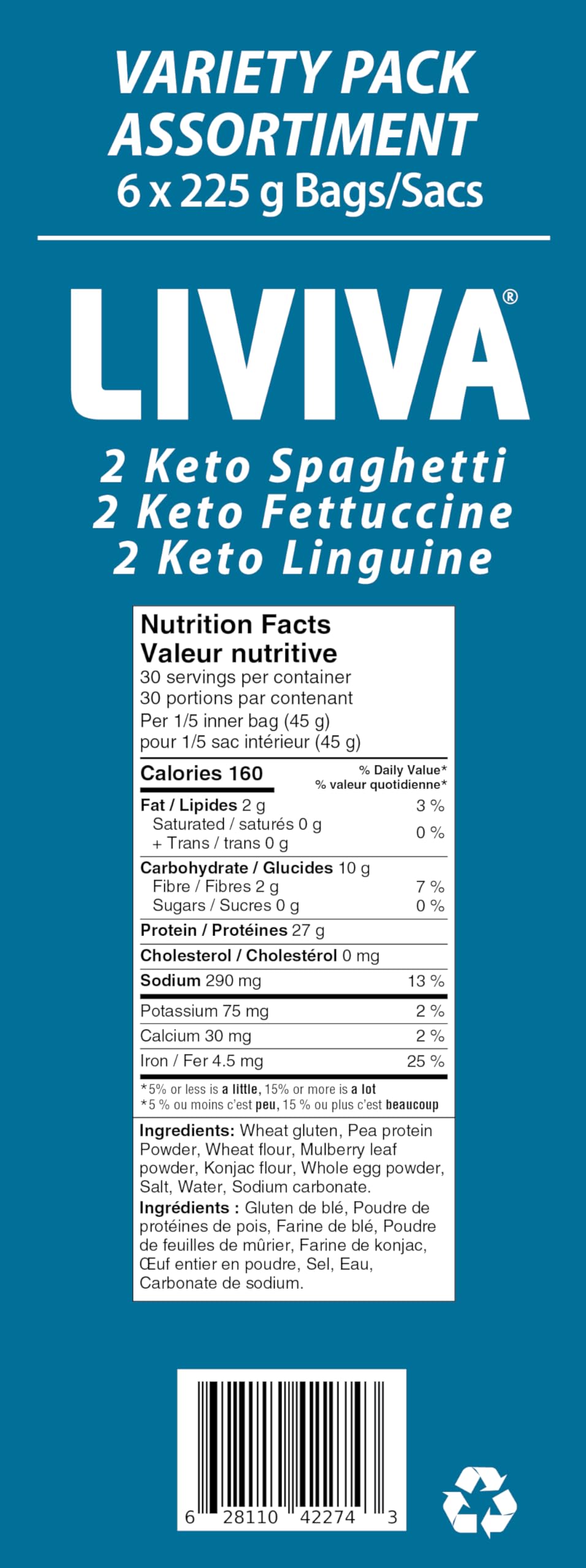 LIVIVA Low Carb High Protein KETO Pasta Variety Pack - 6 Pk (Linguine, Spaghetti, Fettuccine) - 135g Protein, 8g Net Car